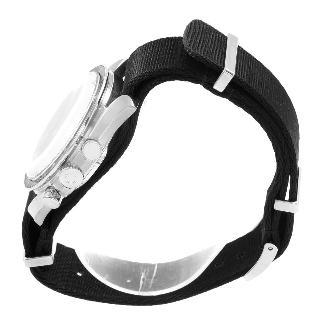 This Omega Speedmaster 311.33.42.30.01.001 Men
s Stainless Steel Black Dial 311.33.42.30.01.001 Men
s Stainless Steel Black Dial watch is shown from a side angle, highlighting the case, pushers, crown, and black strap.