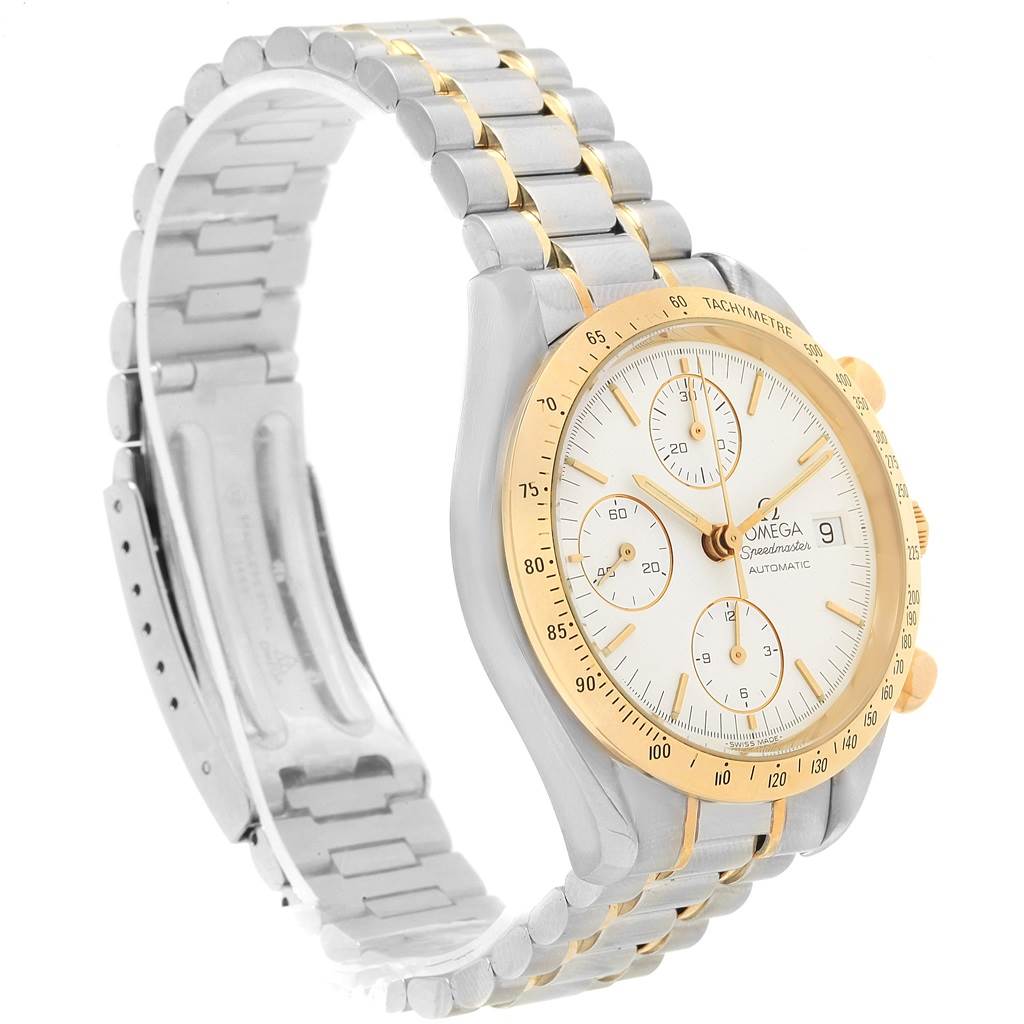 The Omega Speedmaster 3311.20.00 Men's Steel and Gold (two tone) White Dial 3311.20.00 Men's Steel and Gold (two tone) White Dial watch is shown at a slight angle, highlighting its gold bezel, chronograph functions, and metal bracelet.
