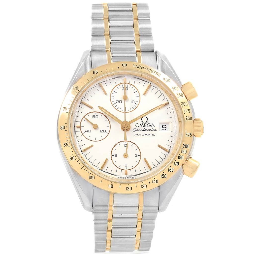 The Omega Speedmaster 3311.20.00 Men's Steel and Gold (two tone) White Dial 3311.20.00 Men's Steel and Gold (two tone) White Dial watch is shown from a top-down angle, highlighting its dial, bezel, and bracelet.