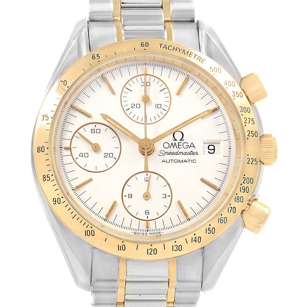 The image shows an Omega Speedmaster 3311.20.00 Men's Steel and Gold (two tone) White Dial 3311.20.00 Men's Steel and Gold (two tone) White Dial watch, featuring a gold bezel, chronograph subdials, and a date window at 3 o'clock.