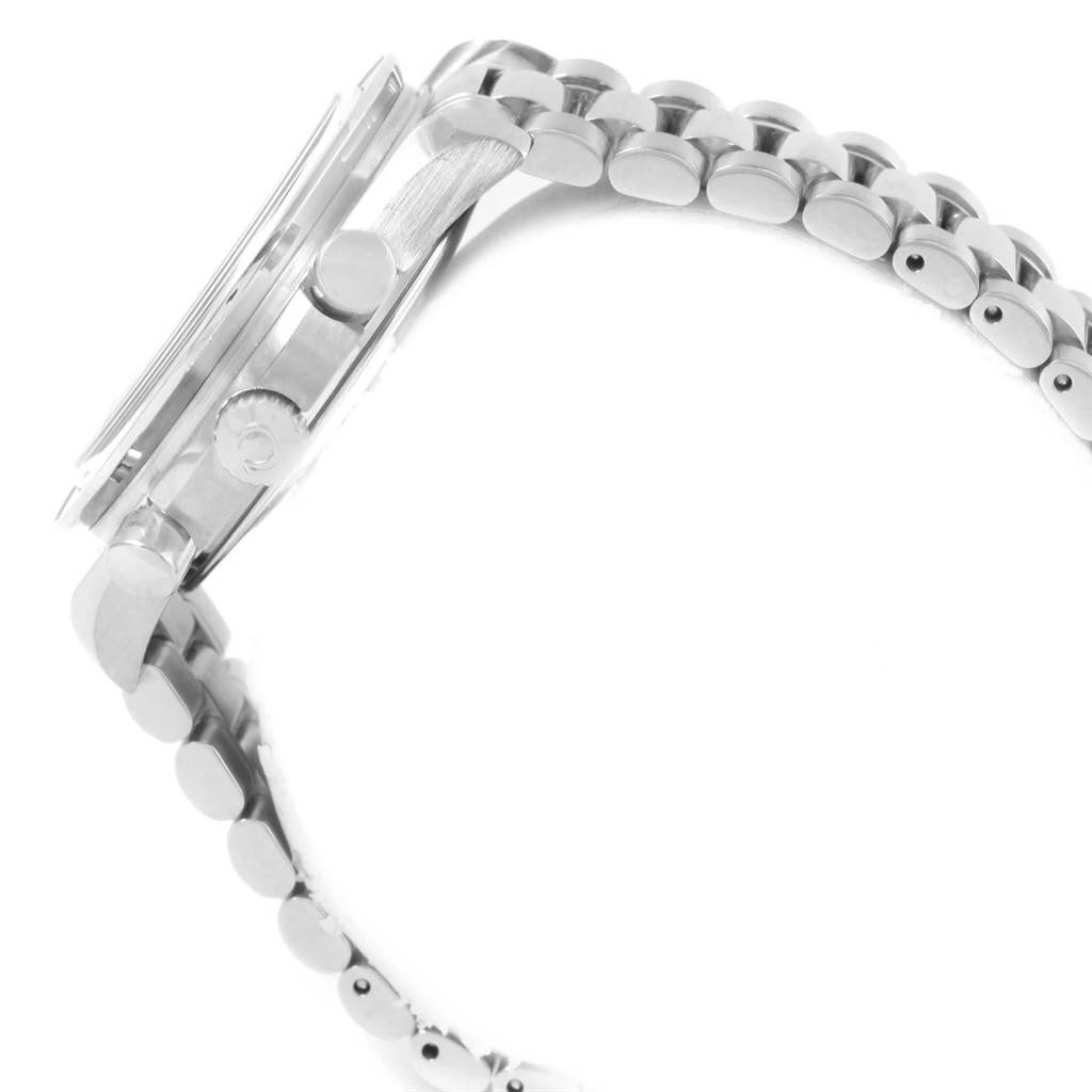 The image shows a side profile of the Omega Speedmaster 3539.50.00 Men
s Stainless Steel Black Dial 3539.50.00 Men
s Stainless Steel Black Dial watch, focusing on the crown, bezel, and a portion of the metal bracelet.