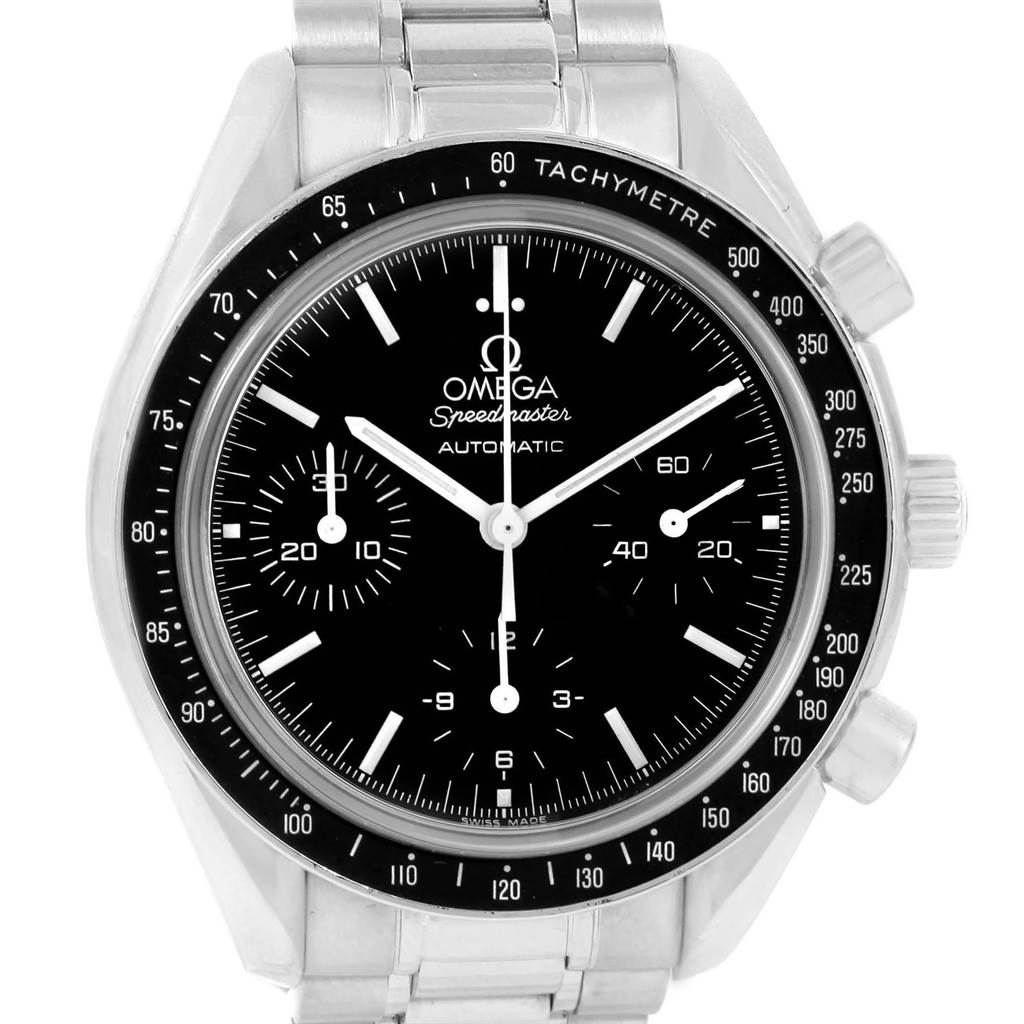 The image shows a frontal view of the Omega Speedmaster 3539.50.00 Men
s Stainless Steel Black Dial 3539.50.00 Men
s Stainless Steel Black Dial watch, highlighting its black dial, tachymeter bezel, and subdials.