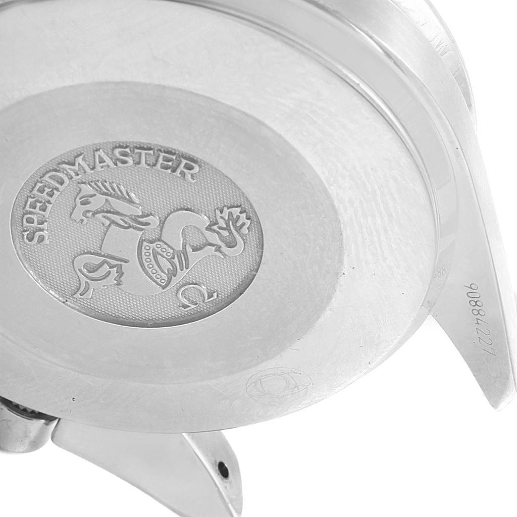 This image shows the back cover of an Omega Speedmaster 3539.50.00 Men
s Stainless Steel Black Dial 3539.50.00 Men
s Stainless Steel Black Dial watch, featuring the engraved logo and text.