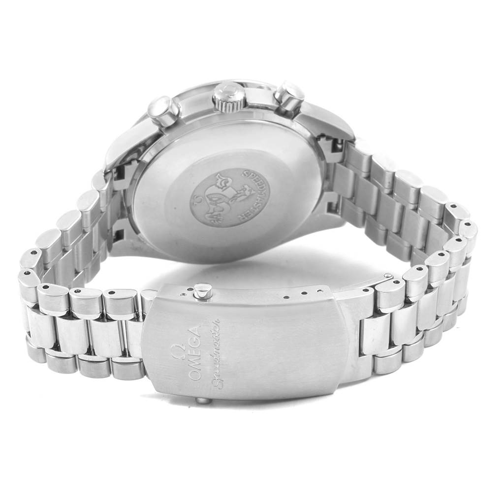 The image shows the back and bracelet clasp of an Omega Speedmaster 3539.50.00 Men
s Stainless Steel Black Dial 3539.50.00 Men
s Stainless Steel Black Dial watch.