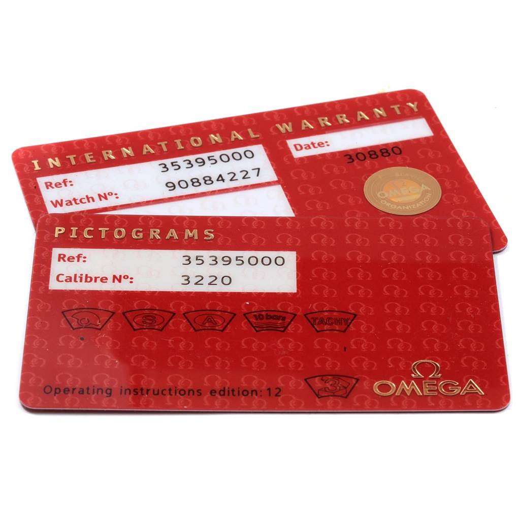 The image shows International Warranty and Pictograms cards for the Omega Speedmaster 3539.50.00 Men
s Stainless Steel Black Dial 3539.50.00 Men
s Stainless Steel Black Dial model.