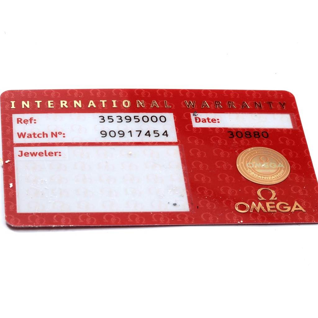 This image shows the International Warranty card for the Omega Speedmaster 3539.50.00 Men
s Stainless Steel Black Dial 3539.50.00 Men
s Stainless Steel Black Dial watch, featuring details such as reference and watch numbers.