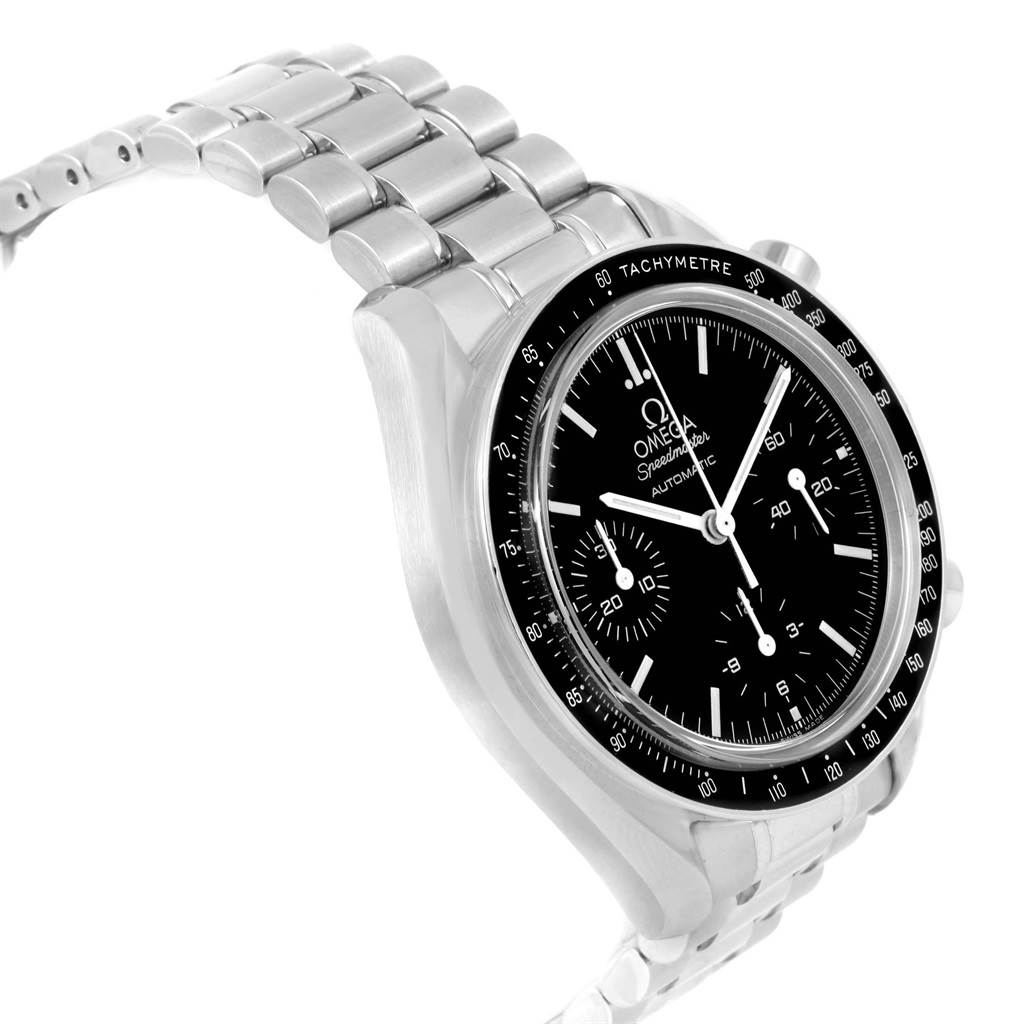 The Omega Speedmaster 3539.50.00 Men
s Stainless Steel Black Dial 3539.50.00 Men
s Stainless Steel Black Dial watch is shown at a slight side angle, displaying its bezel, bracelet, and dial.