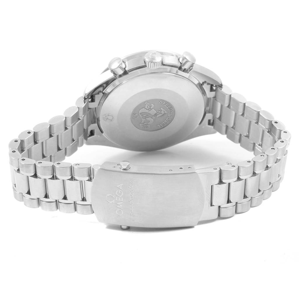 The image shows the Omega Speedmaster 3539.50.00 Men
s Stainless Steel Black Dial 3539.50.00 Men
s Stainless Steel Black Dial watch from a rear angle, highlighting the case back and stainless steel bracelet with the clasp.