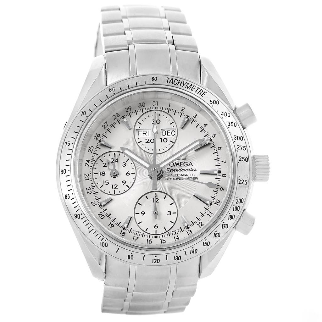 The Omega Speedmaster 3221.30.00 Men's Stainless Steel Silver Dial 3221.30.00 Men's Stainless Steel Silver Dial watch is shown from a front angle, displaying the face, bezel, crown, pushers, and bracelet.