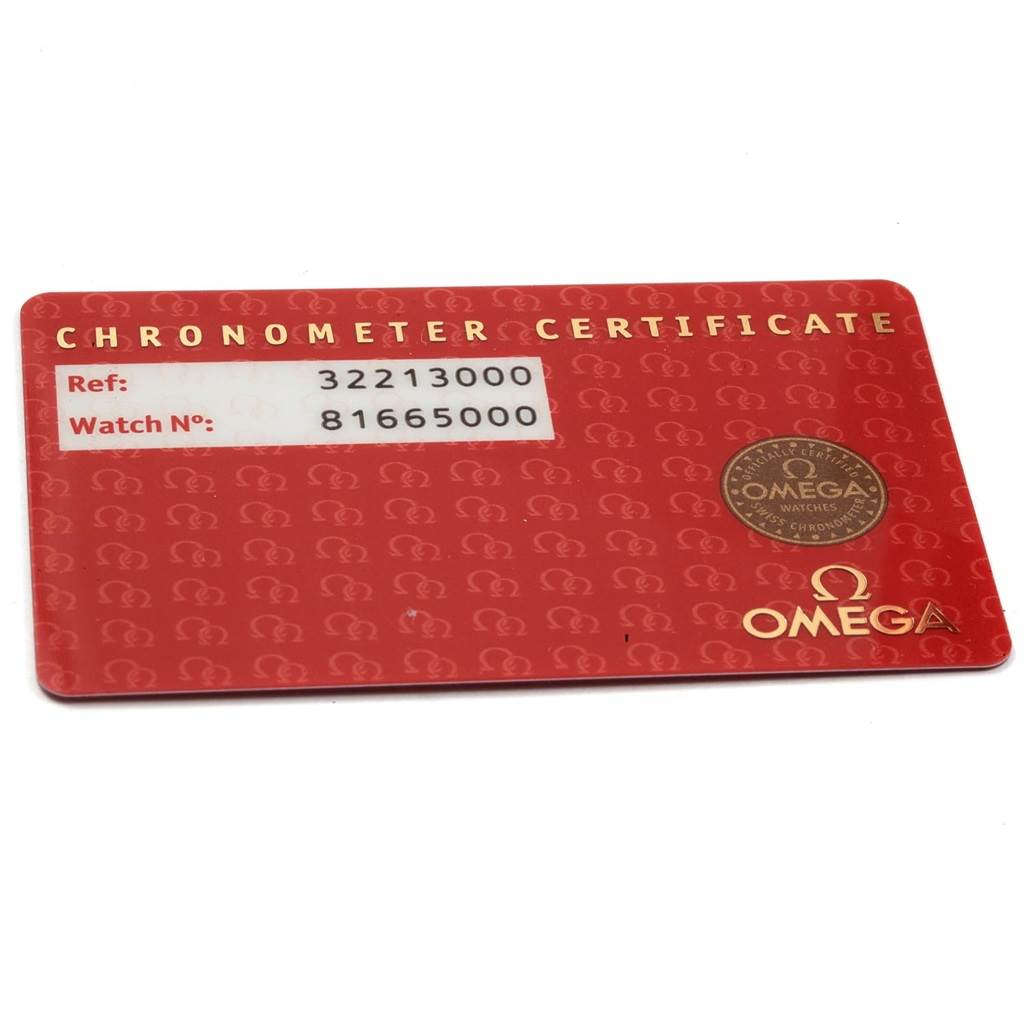 This image shows the chronometer certificate card for the Omega Speedmaster 3221.30.00 Men's Stainless Steel Silver Dial 3221.30.00 Men's Stainless Steel Silver Dial model.