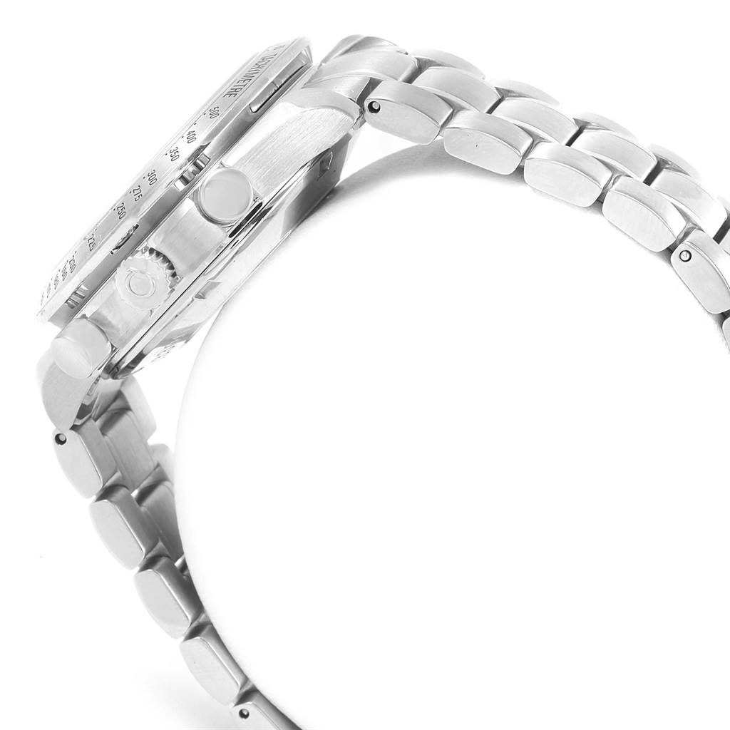 This image shows a side view of the Omega Speedmaster 3221.30.00 Men's Stainless Steel Silver Dial 3221.30.00 Men's Stainless Steel Silver Dial watch, focusing on the stainless steel case, bezel, crown, chronograph pushers, and bracelet.