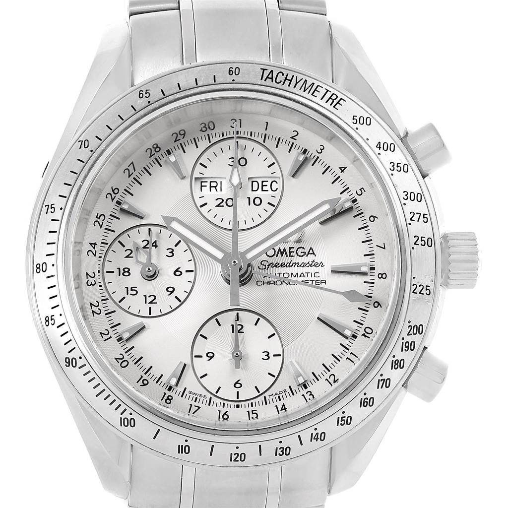 The image shows a front view of the Omega Speedmaster 3221.30.00 Men's Stainless Steel Silver Dial 3221.30.00 Men's Stainless Steel Silver Dial, displaying the dial, sub-dials, tachymeter bezel, and stainless steel bracelet.