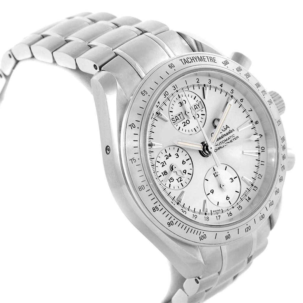 The image shows an angled view of an Omega Speedmaster 3221.30.00 Men's Stainless Steel Silver Dial 3221.30.00 Men's Stainless Steel Silver Dial, highlighting the dial, bezel, and metal bracelet.