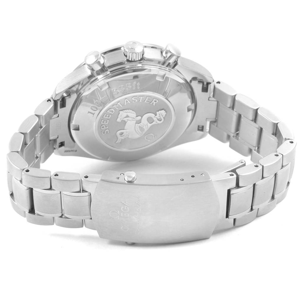The image shows the back and bracelet of an Omega Speedmaster 3221.30.00 Men's Stainless Steel Silver Dial 3221.30.00 Men's Stainless Steel Silver Dial, highlighting the engraved case back and clasp.