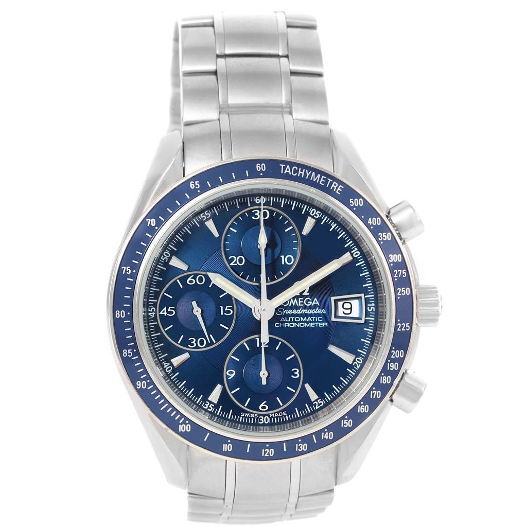 The image shows a front view of an Omega Speedmaster 3212.80.00 Men
s Stainless Steel Blue Dial 3212.80.00 Men
s Stainless Steel Blue Dial watch displaying its face, pushers, crown, and metal bracelet.