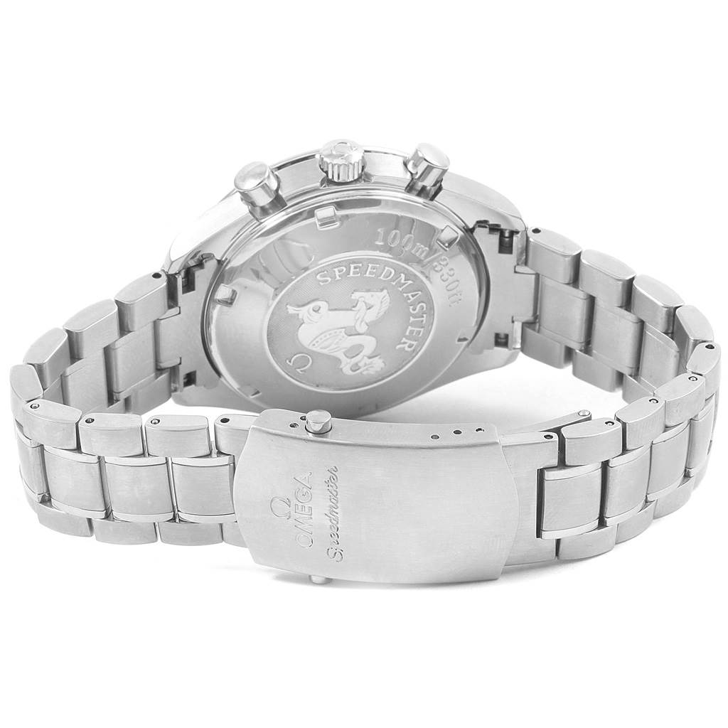 The image shows the back and clasp of an Omega Speedmaster 3212.80.00 Men
s Stainless Steel Blue Dial 3212.80.00 Men
s Stainless Steel Blue Dial watch at an angle, highlighting the case back and bracelet detailing.