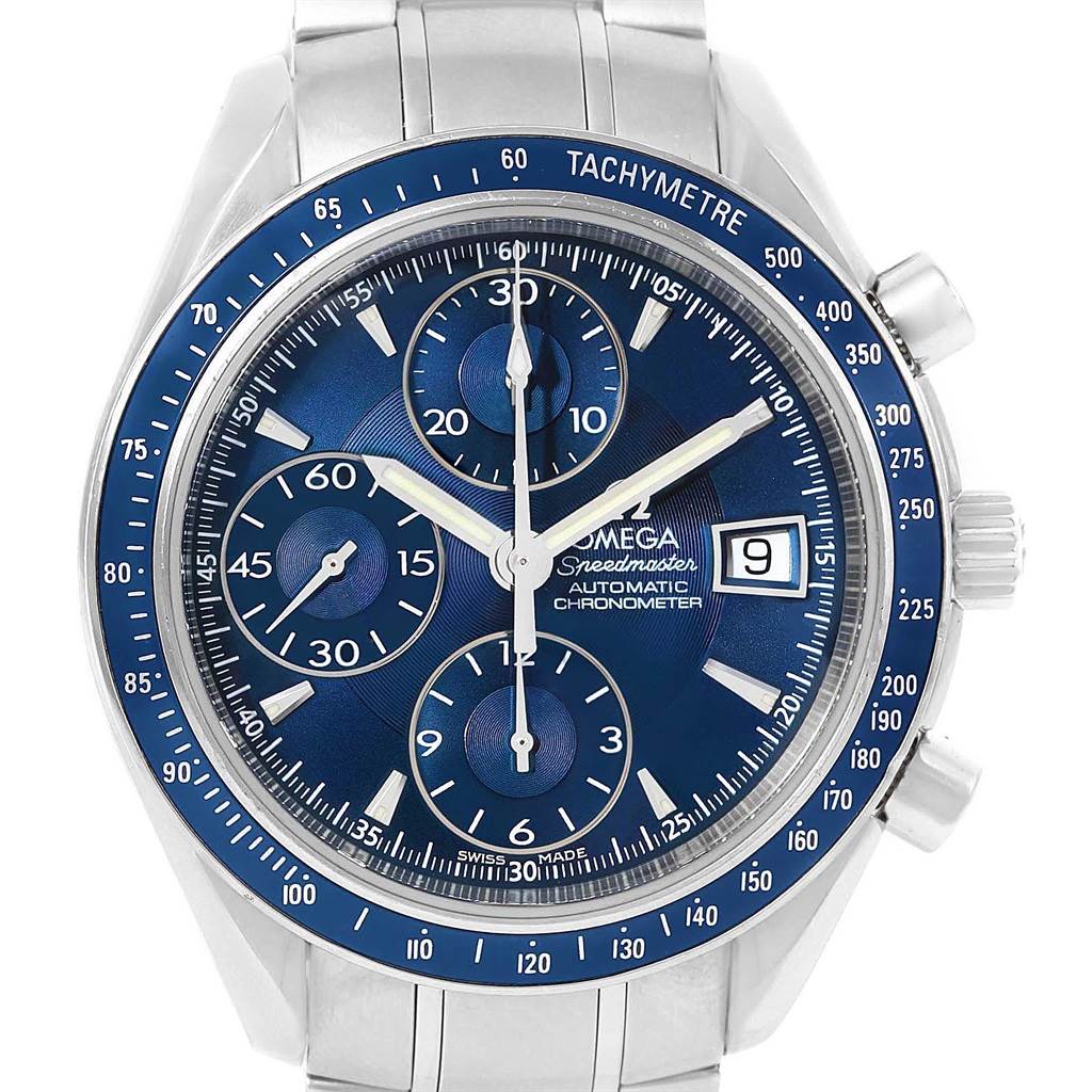 The photo shows a front view of an Omega Speedmaster 3212.80.00 Men
s Stainless Steel Blue Dial 3212.80.00 Men
s Stainless Steel Blue Dial watch, highlighting its dial, subdials, and metal bracelet.