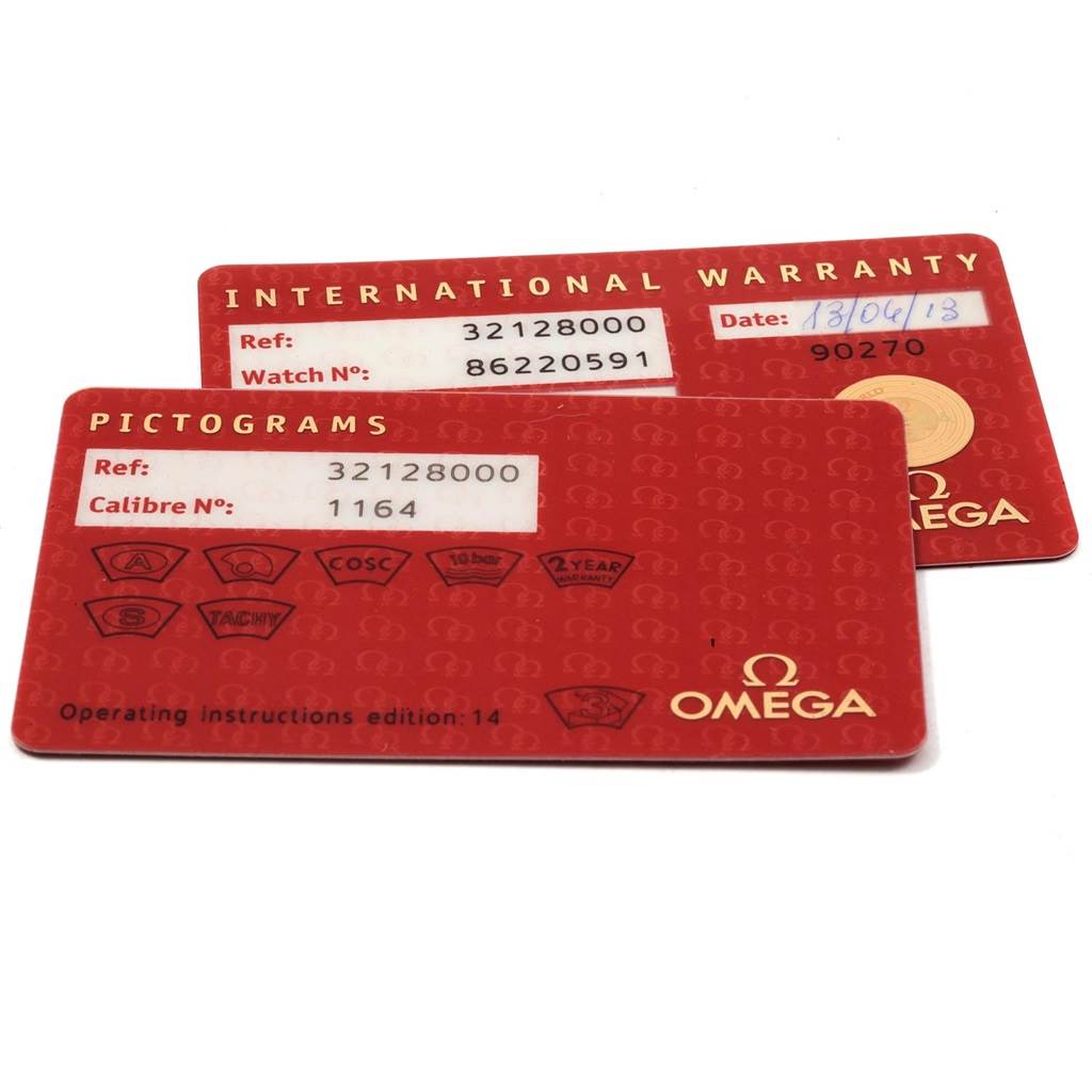 The image shows two Omega Speedmaster 3212.80.00 Men
s Stainless Steel Blue Dial 3212.80.00 Men
s Stainless Steel Blue Dial warranty and pictogram cards, partially stacked at an angle.