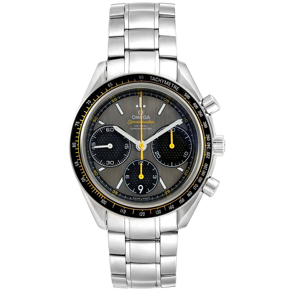 The image shows a front view of the Omega Speedmaster 326.30.40.50.06.001 Men
s Stainless Steel Grey Dial 326.30.40.50.06.001 Men
s Stainless Steel Grey Dial watch, displaying its face, bezel, and stainless steel bracelet.
