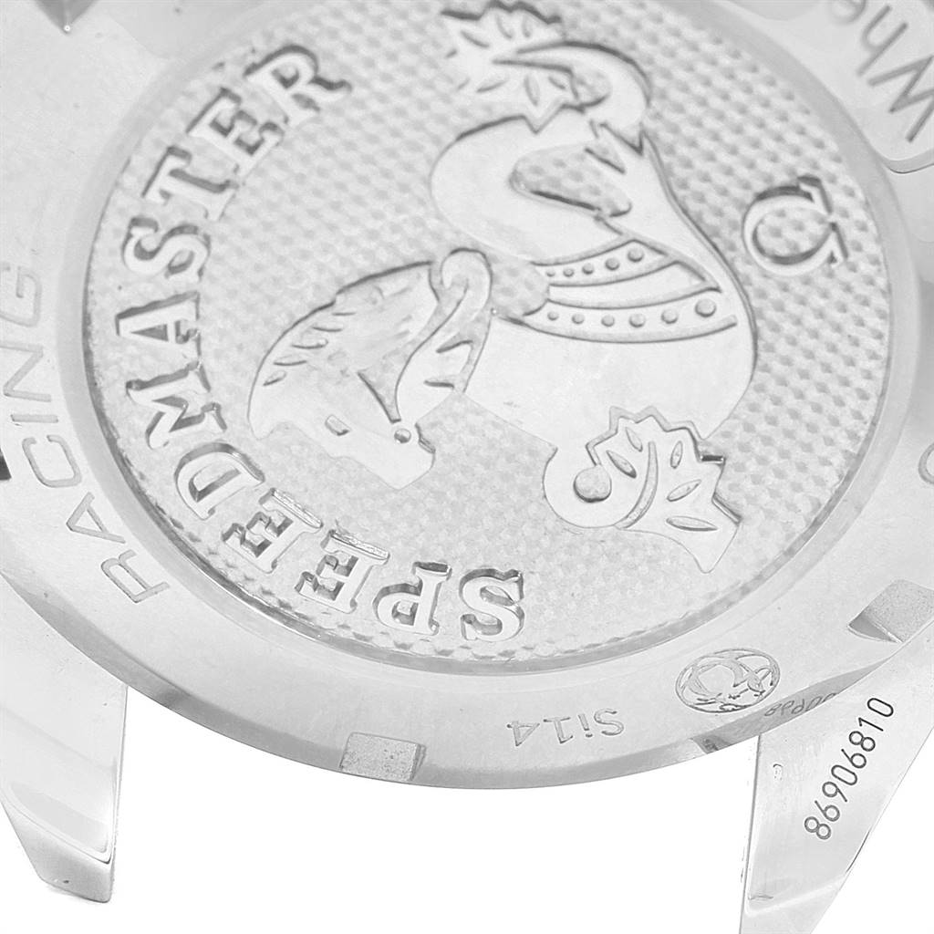 The image shows the case back of an Omega Speedmaster 326.30.40.50.06.001 Men
s Stainless Steel Grey Dial 326.30.40.50.06.001 Men
s Stainless Steel Grey Dial watch, highlighting the engraved emblem and "SPEEDMASTER" text.