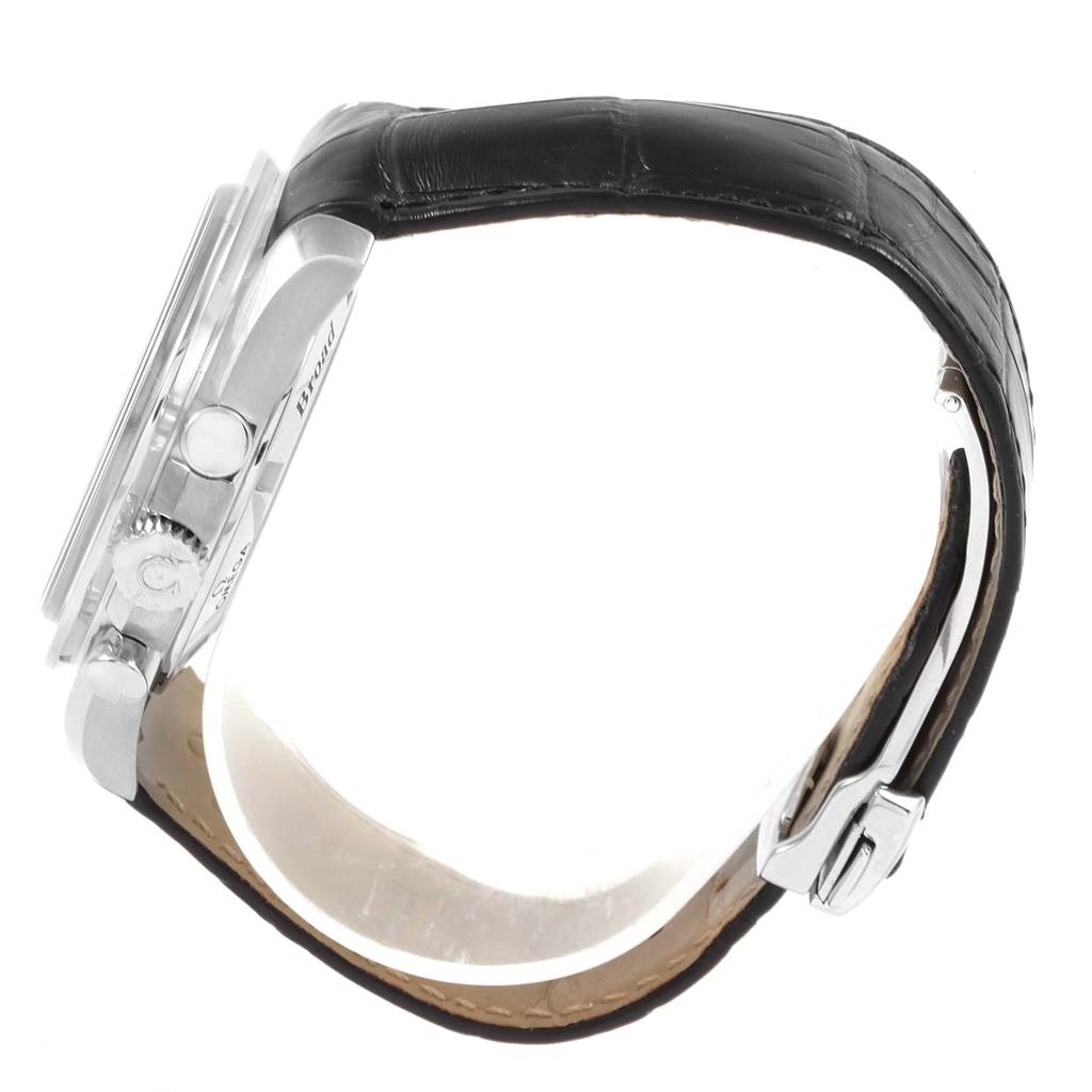 The image shows the side view of an Omega Speedmaster 321.13.44.50.01.001 Men
s Stainless Steel Black Dial 321.13.44.50.01.001 Men
s Stainless Steel Black Dial watch, displaying the crown, pushers, and part of the leather strap with a buckle.