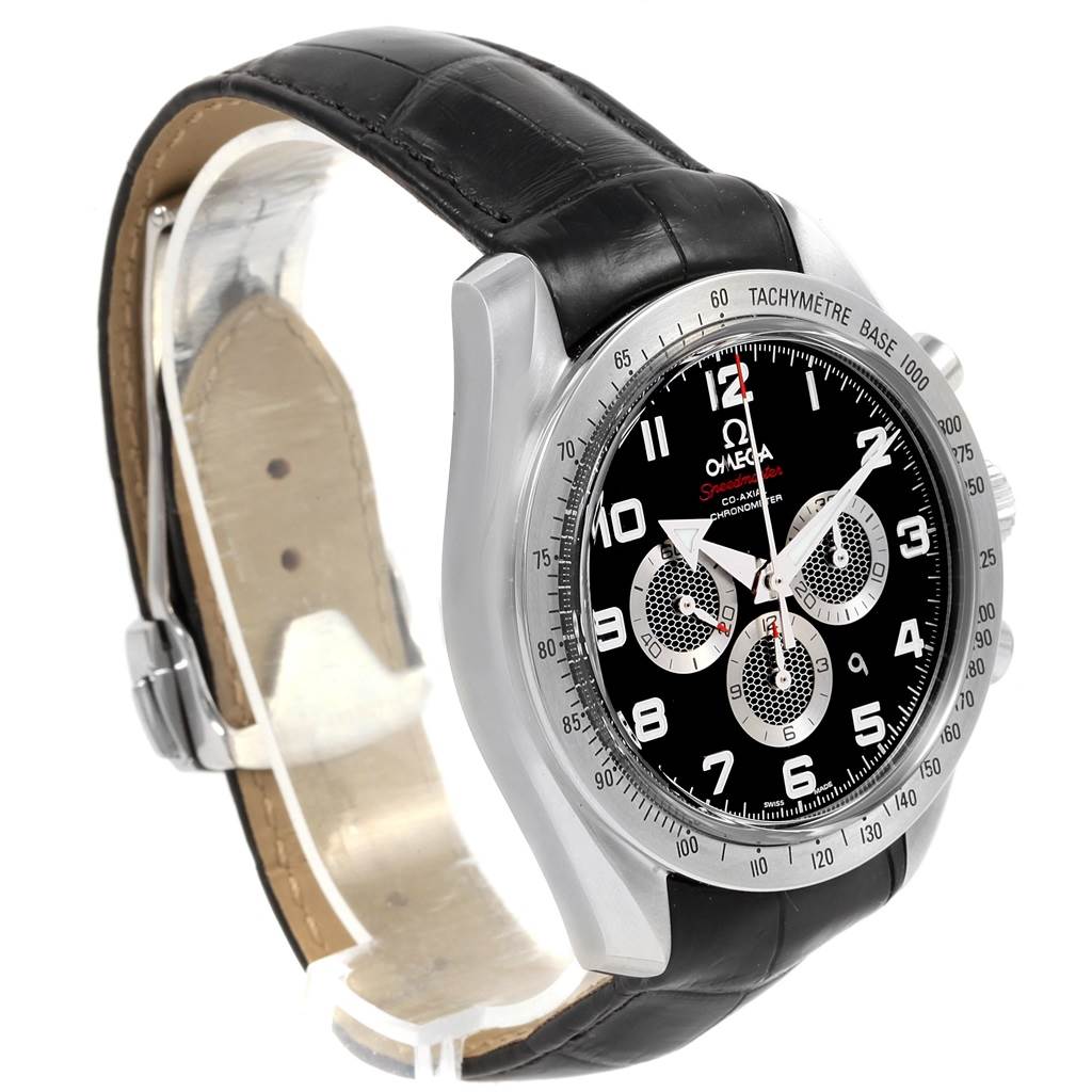 The Omega Speedmaster 321.13.44.50.01.001 Men
s Stainless Steel Black Dial 321.13.44.50.01.001 Men
s Stainless Steel Black Dial watch is shown at a three-quarter angle, highlighting the face, bezel, pushers, and black leather strap.