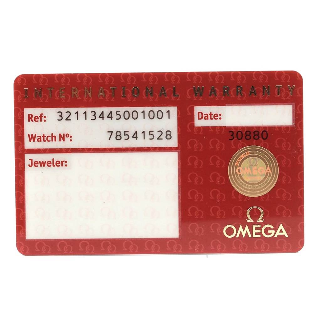 The image shows an Omega Speedmaster 321.13.44.50.01.001 Men
s Stainless Steel Black Dial 321.13.44.50.01.001 Men
s Stainless Steel Black Dial
s International Warranty card, featuring reference, watch number, and other details.