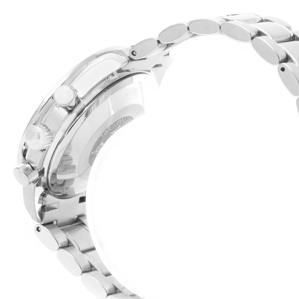 The image shows the side profile of an Omega Speedmaster 3513.30.00 Men
s Stainless Steel Silver Dial 3513.30.00 Men
s Stainless Steel Silver Dial watch, focusing on the case, crown, pushers, and the metal bracelet.