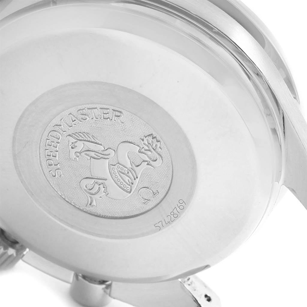 The image shows the case back of an Omega Speedmaster 3513.30.00 Men
s Stainless Steel Silver Dial 3513.30.00 Men
s Stainless Steel Silver Dial watch, featuring its engraved logo and serial number.