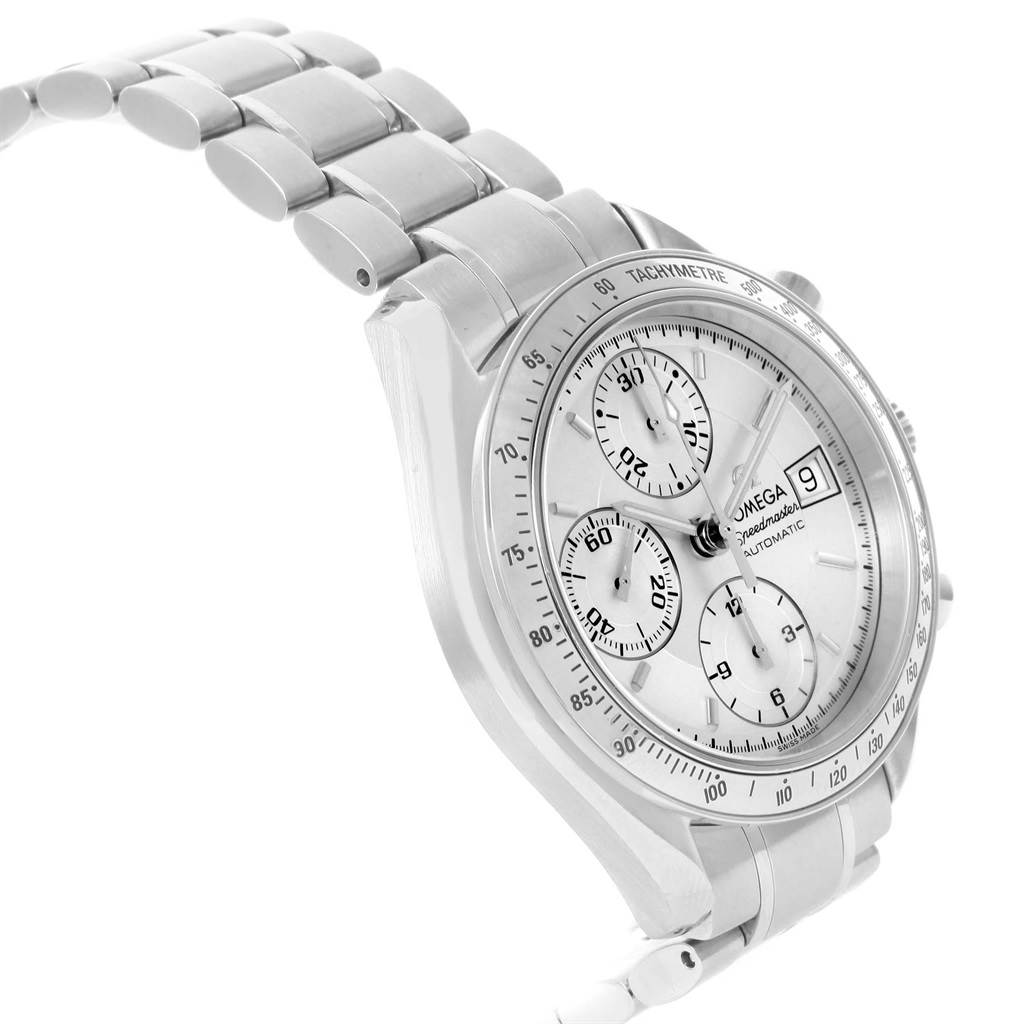 The image shows a side and partial front view of the Omega Speedmaster 3513.30.00 Men
s Stainless Steel Silver Dial 3513.30.00 Men
s Stainless Steel Silver Dial watch, highlighting the bracelet and dial details.