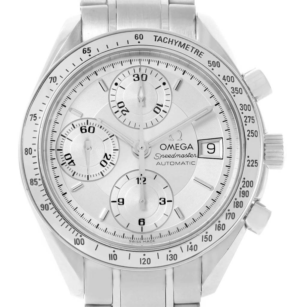 The image shows a close-up, front view of an Omega Speedmaster 3513.30.00 Men
s Stainless Steel Silver Dial 3513.30.00 Men
s Stainless Steel Silver Dial watch displaying the dial, subdials, and tachymeter scale.