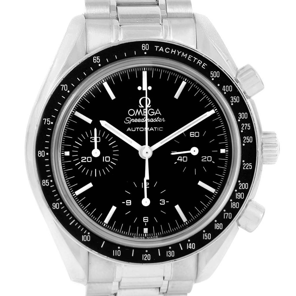 This Omega Speedmaster 3539.50.00 Men
s Stainless Steel Black Dial 3539.50.00 Men
s Stainless Steel Black Dial watch is shown from the front, highlighting the dial, sub-dials, tachymeter bezel, and stainless steel bracelet.