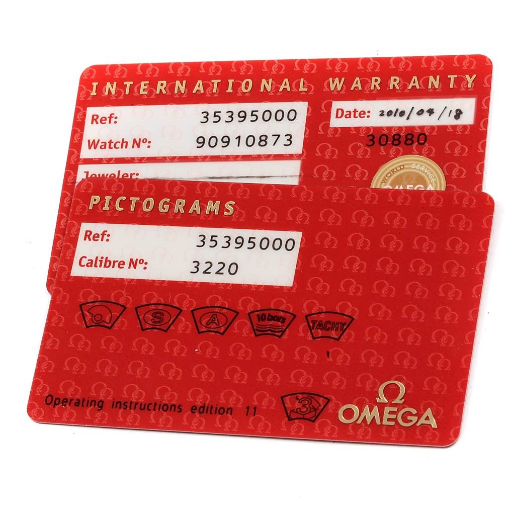 The image shows two International Warranty and Pictograms red cards for the Omega Speedmaster 3539.50.00 Men
s Stainless Steel Black Dial 3539.50.00 Men
s Stainless Steel Black Dial watch, displaying reference and caliber numbers.