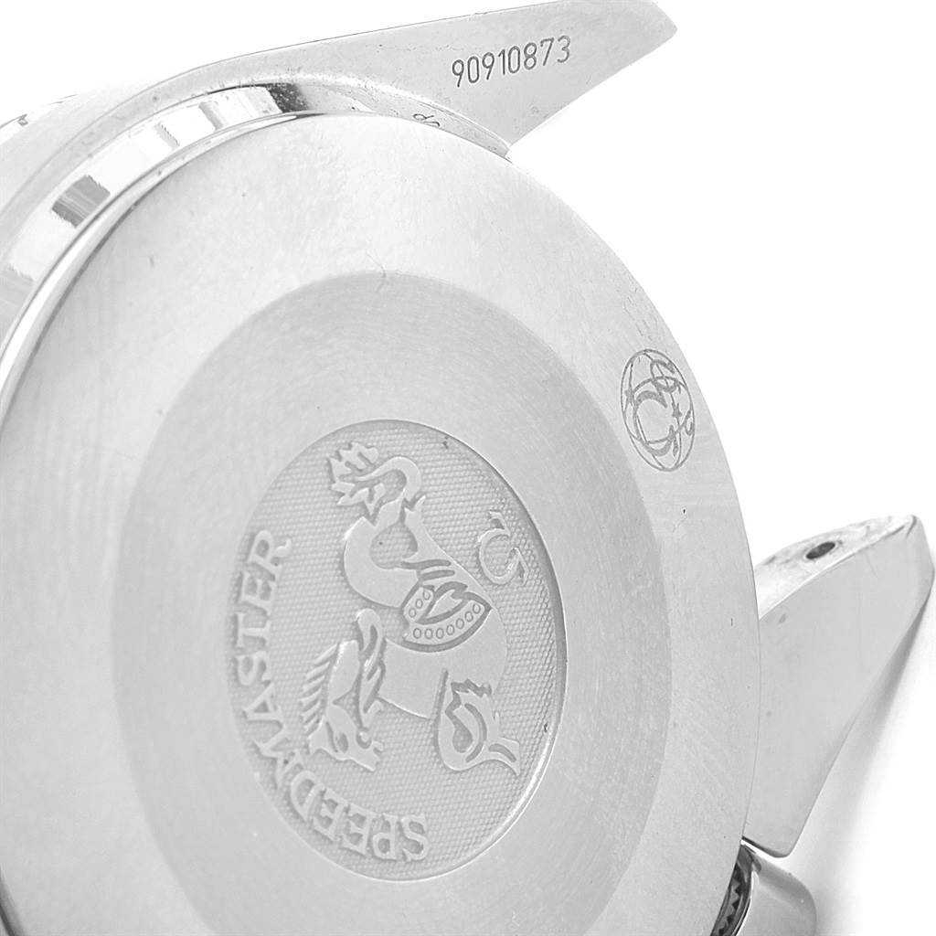 The image shows a close-up of the Omega Speedmaster 3539.50.00 Men
s Stainless Steel Black Dial 3539.50.00 Men
s Stainless Steel Black Dial watch
s case back, lugs, and part of the serial number.