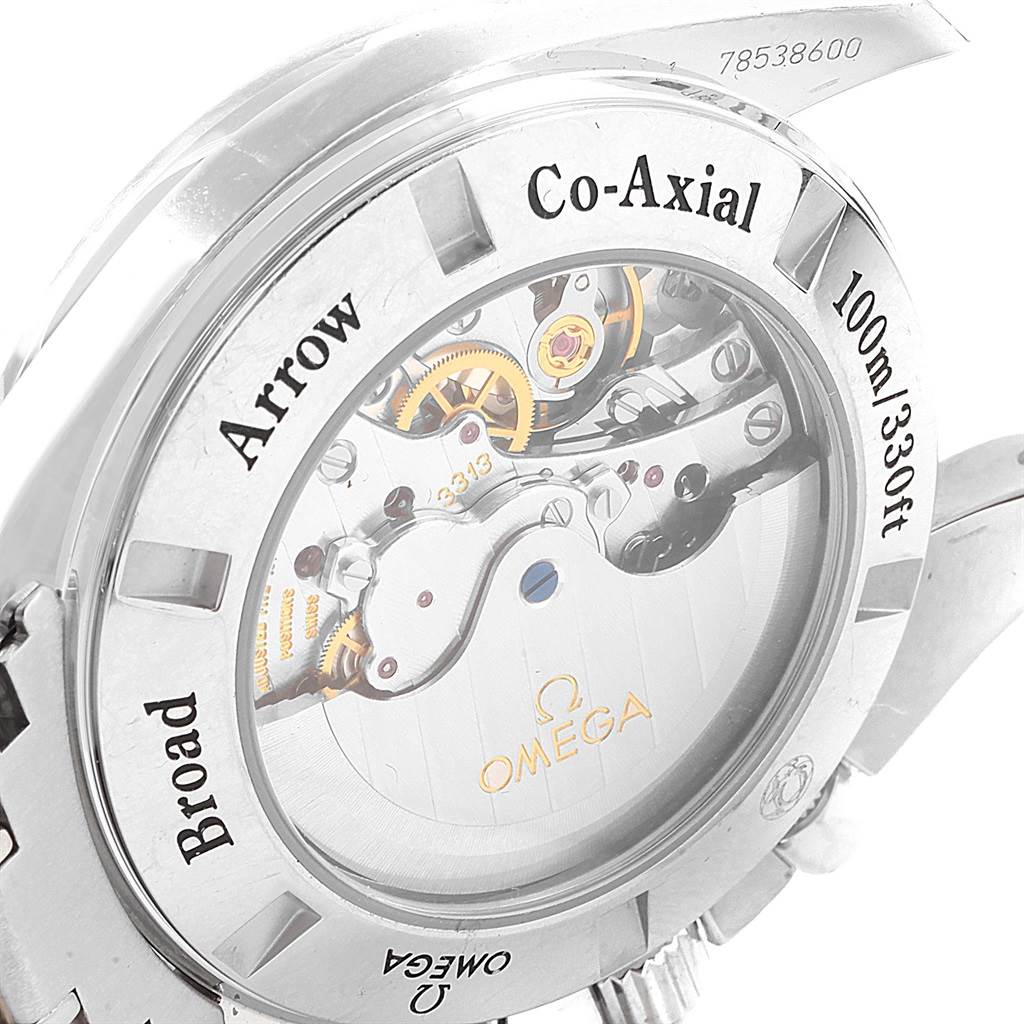 The image shows the back view of an Omega Speedmaster 321.10.44.50.02.001 Men
s Stainless Steel Silver Dial 321.10.44.50.02.001 Men
s Stainless Steel Silver Dial watch, highlighting its mechanical movement and co-axial escapement.