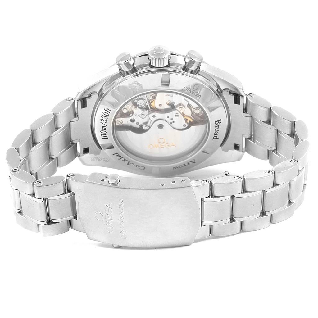 The image shows the back view of the Omega Speedmaster 321.10.44.50.02.001 Men
s Stainless Steel Silver Dial 321.10.44.50.02.001 Men
s Stainless Steel Silver Dial watch, highlighting its exhibition case back and stainless steel bracelet.