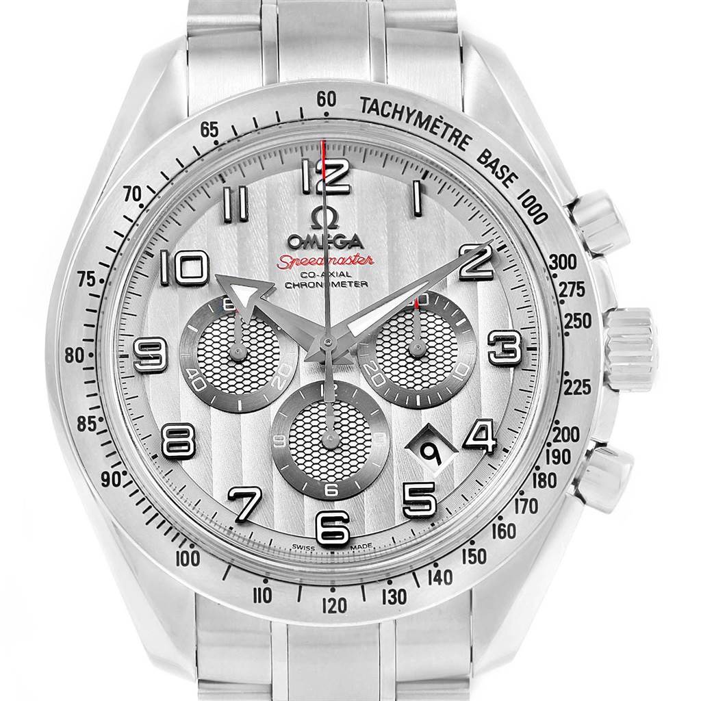 The image shows a front view of an Omega Speedmaster 321.10.44.50.02.001 Men
s Stainless Steel Silver Dial 321.10.44.50.02.001 Men
s Stainless Steel Silver Dial watch, displaying the face, dials, and tachymeter bezel.