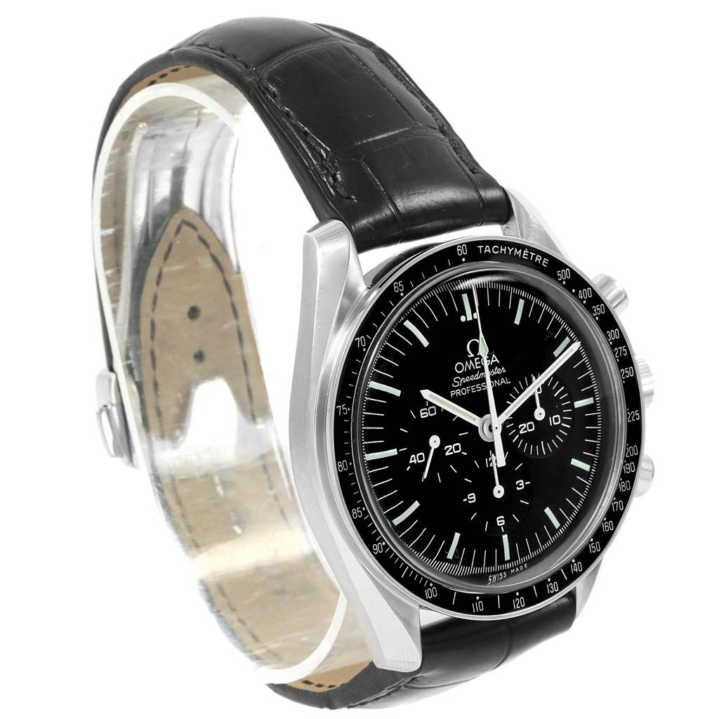 The Omega Speedmaster 311.33.42.30.01.001 Men
s Stainless Steel Black Dial 311.33.42.30.01.001 Men
s Stainless Steel Black Dial watch is shown at a slight angle, featuring its black dial, chronograph subdials, and black leather strap.