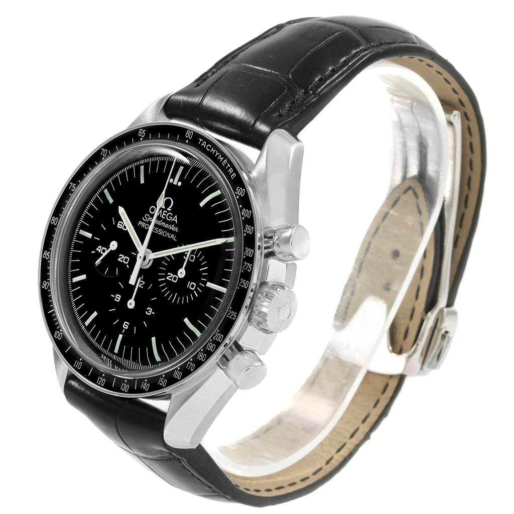 The image shows an angled view of the Omega Speedmaster 311.33.42.30.01.001 Men
s Stainless Steel Black Dial 311.33.42.30.01.001 Men
s Stainless Steel Black Dial watch, highlighting its dial, bezel, crown, pushers, and leather strap.