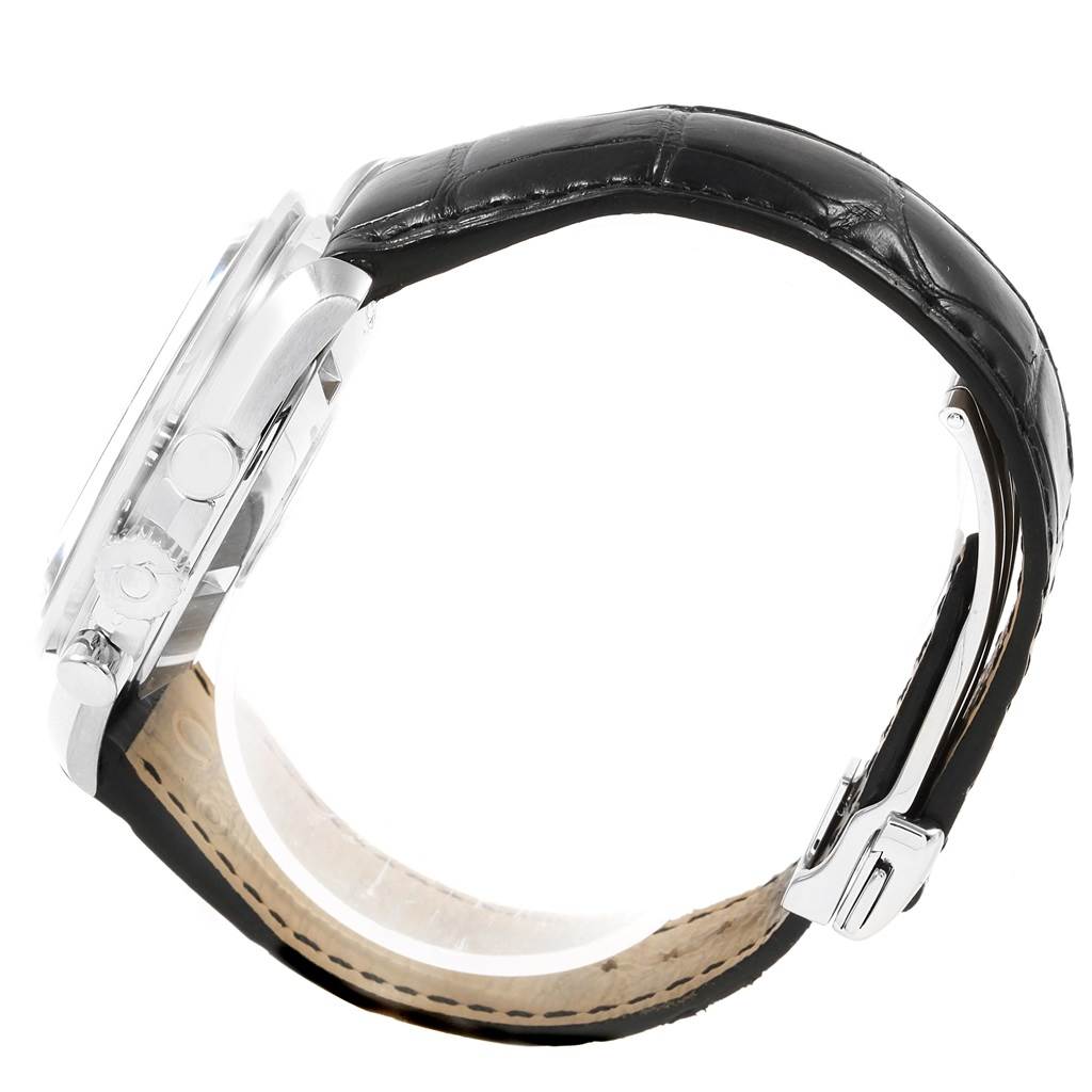 The image shows a side profile of an Omega Speedmaster 311.33.42.30.01.001 Men
s Stainless Steel Black Dial 311.33.42.30.01.001 Men
s Stainless Steel Black Dial watch, highlighting the case, crown, pushers, and leather strap with a buckle.