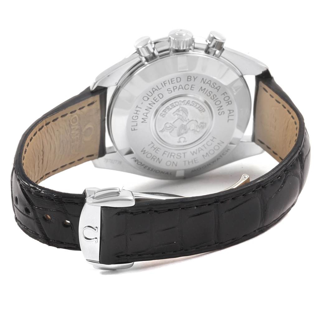 The image shows the back and clasp of the Omega Speedmaster 311.33.42.30.01.001 Men
s Stainless Steel Black Dial 311.33.42.30.01.001 Men
s Stainless Steel Black Dial watch, highlighting the engraved case back and black leather strap.