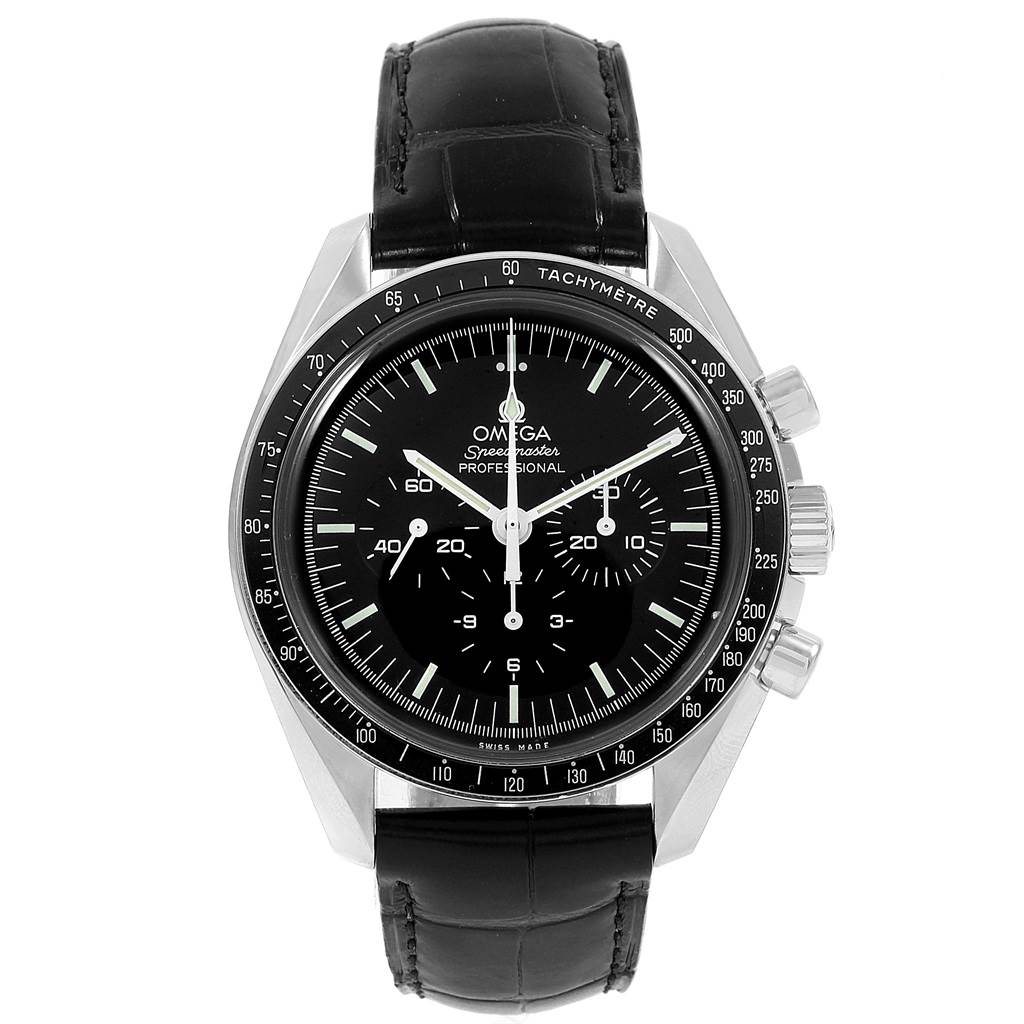 The Omega Speedmaster 311.33.42.30.01.001 Men
s Stainless Steel Black Dial 311.33.42.30.01.001 Men
s Stainless Steel Black Dial watch is shown from a front angle, displaying the face, bezel, and side buttons.