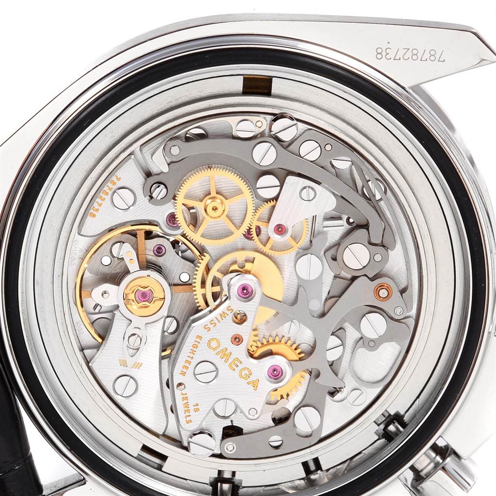 This image shows the internal mechanical components and movement of an Omega Speedmaster 311.33.42.30.01.001 Men
s Stainless Steel Black Dial 311.33.42.30.01.001 Men
s Stainless Steel Black Dial watch from the back view.