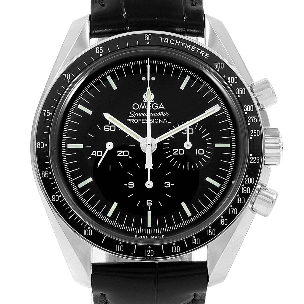 This image shows a front view of an Omega Speedmaster 311.33.42.30.01.001 Men
s Stainless Steel Black Dial 311.33.42.30.01.001 Men
s Stainless Steel Black Dial watch, highlighting its dial, bezel, and chronograph subdials.