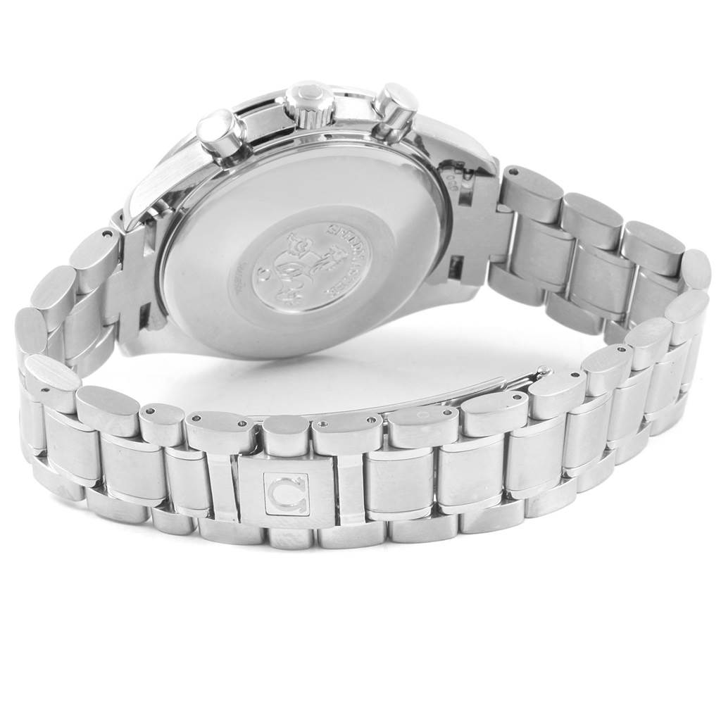 The image shows the back case and bracelet of an Omega Speedmaster 3513.50.00 Men
s Stainless Steel Black Dial 3513.50.00 Men
s Stainless Steel Black Dial watch from a rear side angle.