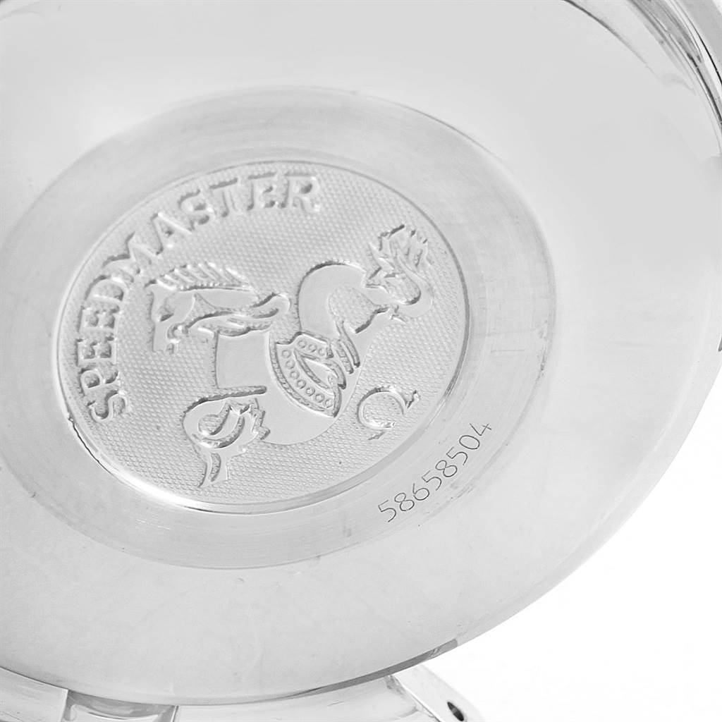 The image shows the caseback of the Omega Speedmaster 3513.50.00 Men
s Stainless Steel Black Dial 3513.50.00 Men
s Stainless Steel Black Dial watch, featuring the Speedmaster logo and engraving.