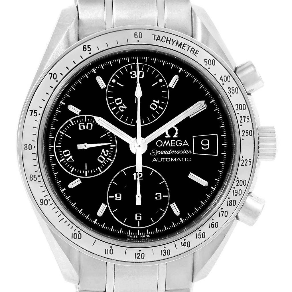 The image shows a front view of an Omega Speedmaster 3513.50.00 Men
s Stainless Steel Black Dial 3513.50.00 Men
s Stainless Steel Black Dial watch, highlighting the dial, subdials, date window, and tachymeter bezel.