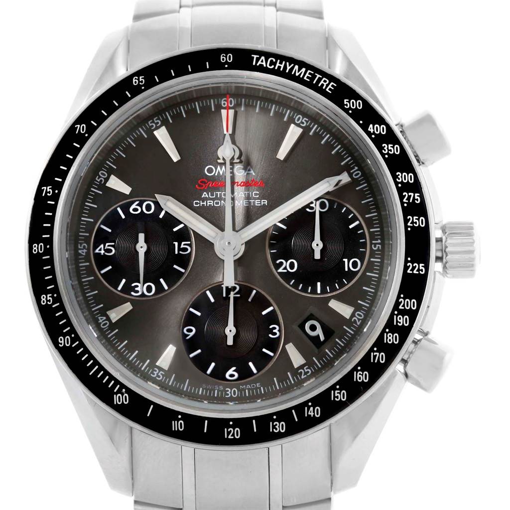 This image shows a frontal view of the Omega Speedmaster 323.30.40.40.06.001 Men's Stainless Steel Grey Dial 323.30.40.40.06.001 Men's Stainless Steel Grey Dial watch, highlighting its dial, subdials, and tachymeter bezel.