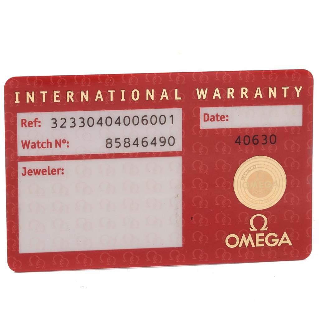 The image shows an Omega Speedmaster 323.30.40.40.06.001 Men's Stainless Steel Grey Dial 323.30.40.40.06.001 Men's Stainless Steel Grey Dial model's International Warranty card with reference and watch numbers.