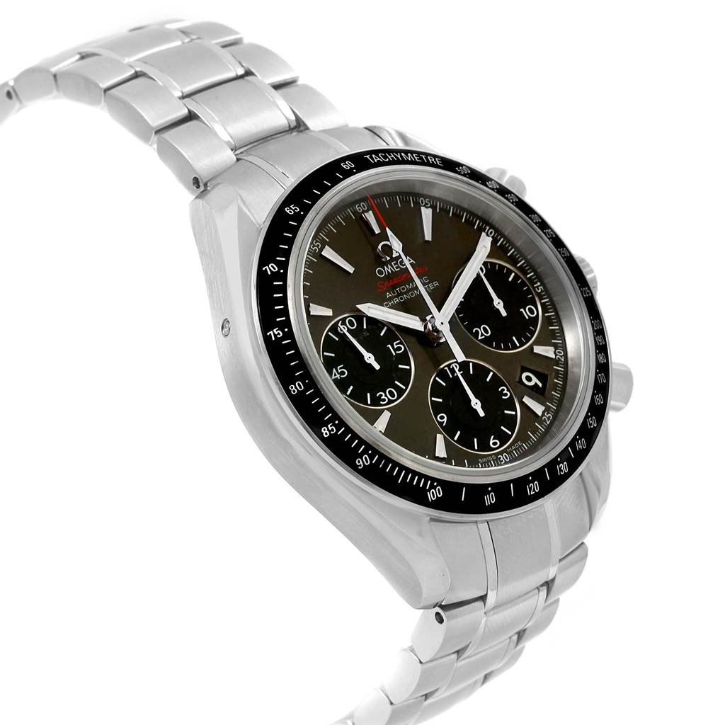 The image shows a side-angle view of an Omega Speedmaster 323.30.40.40.06.001 Men's Stainless Steel Grey Dial 323.30.40.40.06.001 Men's Stainless Steel Grey Dial watch displaying its dial, bezel, and stainless steel band.
